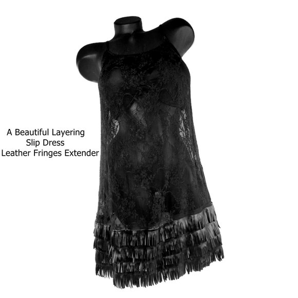 Black Lace Slip Tank Dress with Leather Fringes Extender. - Picture 4 of 4